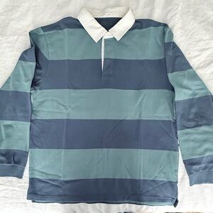 GAP Men's Long-Sleeve Rugby Polo in Teal and Navy with White Collar